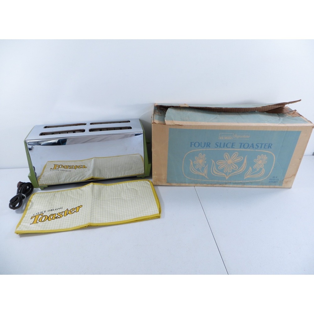 Vintage 1950's Montgomery Ward 4 Slice‎ Toaster Avocado Green W/ Cover & Box
